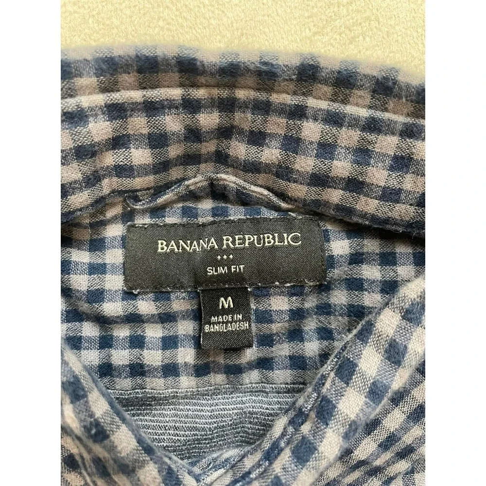 Banana Republic Mens Slim Fit Gingham Button Down Shirt Blue Grey Cotton Medium